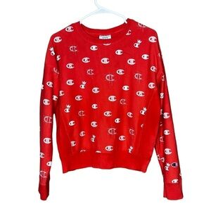Champion Womens Size M Reverse Weave Crewneck Sweatshirt All Over Logo Coral